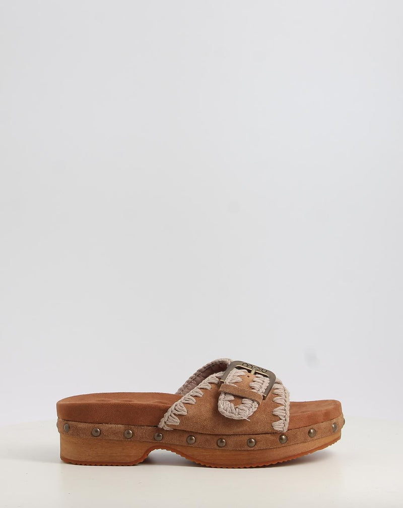 Sandales MOU LOW HEEL WOOD CLOG WITH BUCKLE cuir