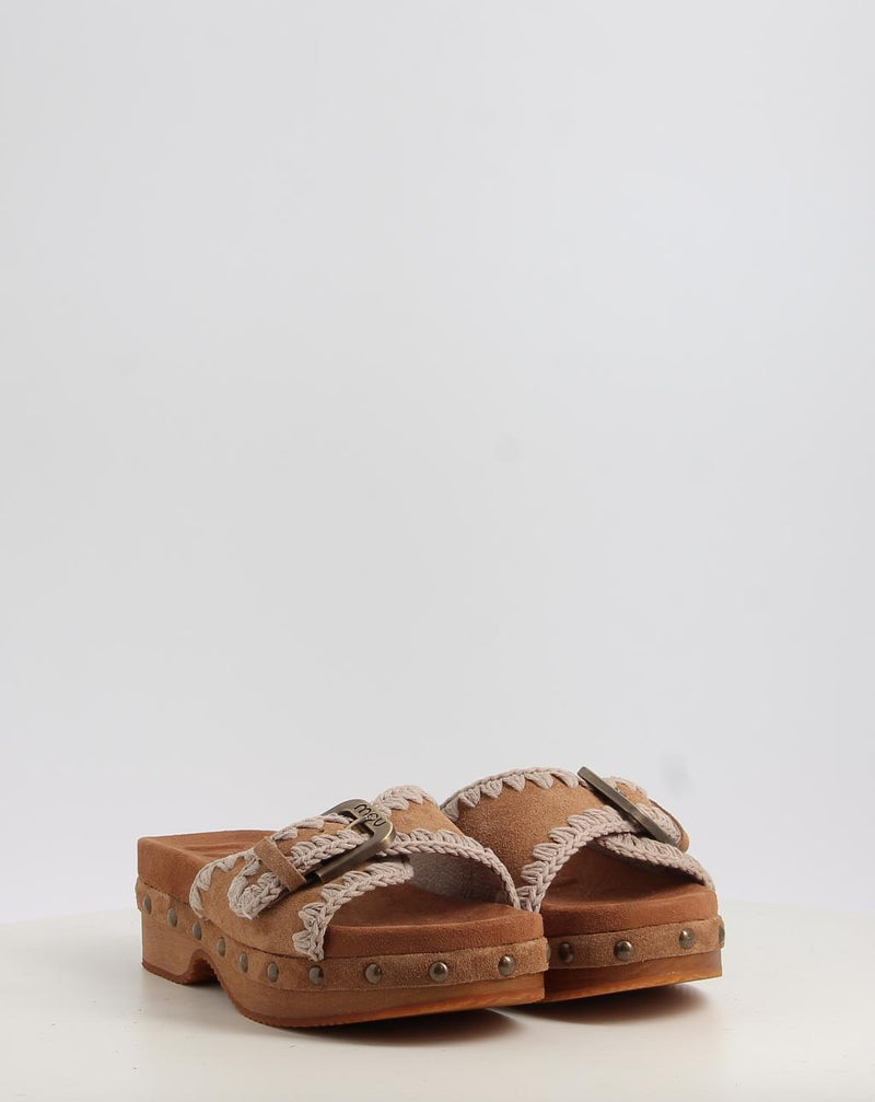 Sandales MOU LOW HEEL WOOD CLOG WITH BUCKLE cuir